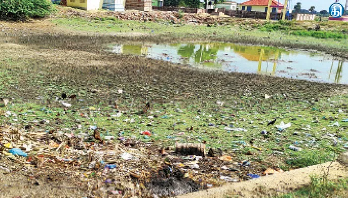 மழைநீர் குளம் பிளாஸ்டிக் கழிவுகளால் மூடல்