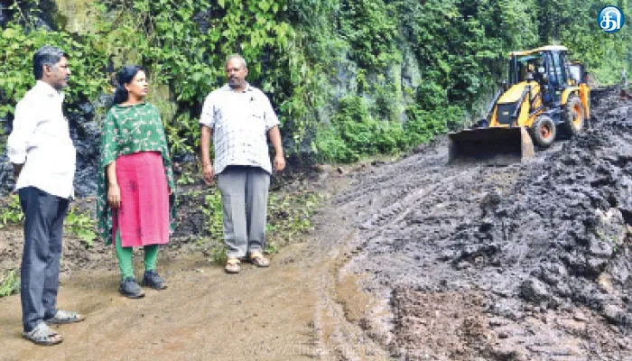 அகமலையில் மண்சரிவு ஏற்பட்ட சாலையில் சீரமைப்பு பணிகளை கலெக்டர் ஆய்வு