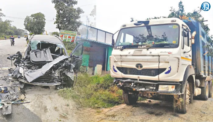 தேன்கனிக்கோட்டை அருகே இன்று அதிகாலை கார் மீது டிப்பர் லாரி மோதி ஆண் குழந்தை, பெண் பலி