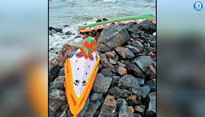 பழவேற்காட்டில் இன்று அதிகாலை கடல் சீற்றம்; கடலில் படகு கவிழ்ந்து விபத்து; 3 மீனவர்கள் உயிர் தப்பினர்: பாறையில் படகு மோதி இரண்டாக உடைந்தது; மீன்பிடி வலை சேதம்
