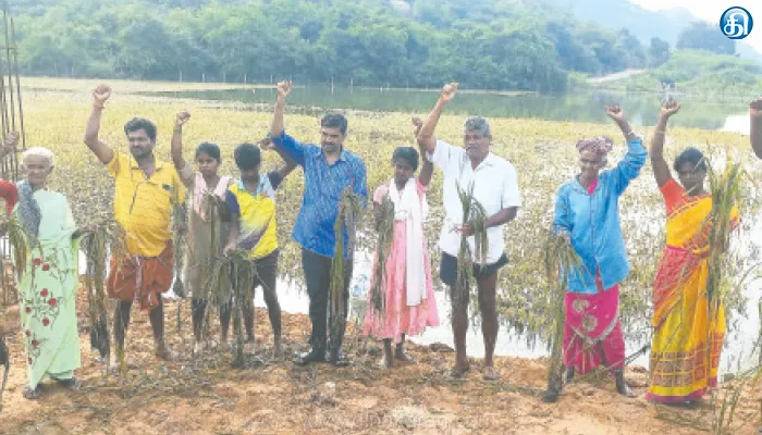 மழை வெள்ளத்தில் மூழ்கி சேதம் நெற்பயிருக்கு இழப்பீடு கேட்டு விவசாயிகள் ஆர்ப்பாட்டம்