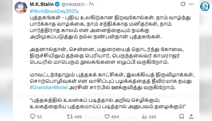 உலக புத்தக தினம் முதல்வர் வாழ்த்து