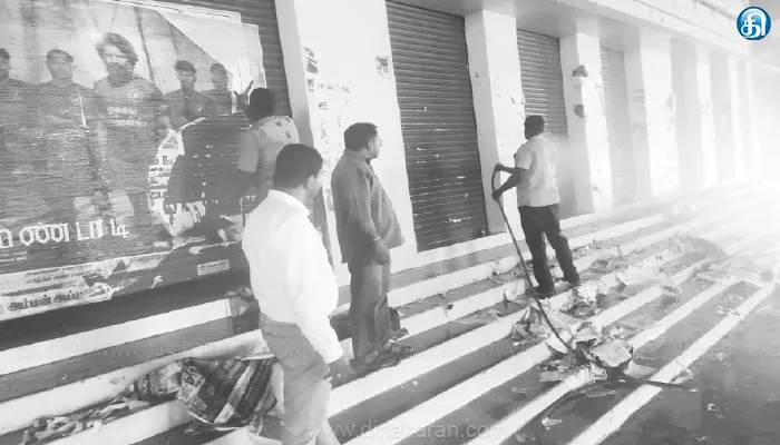 பாளை மார்க்கெட் கடைகளில் ஒட்டப்பட்டிருந்த சுவரொட்டிகள் அகற்றம்: அதிகாரிகள் நடவடிக்கை