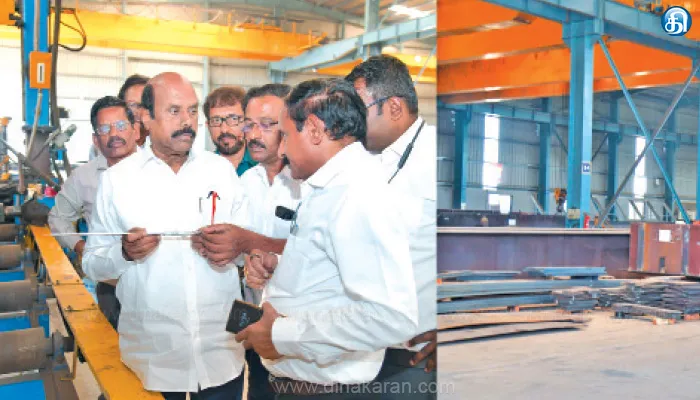 சைதாப்பேட்டை – தேனாம்பேட்டை மேம்பாலத்திற்கு மும்பை தொழிற்பட்டறையில் இரும்பு தூண் தயாரிப்பு: அமைச்சர் எ.வ.வேலு நேரில் சென்று ஆய்வு