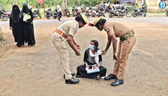காதல் திருமணம் செய்த கணவரை சேர்த்து வைக்கக்கோரி சிவகங்கை எஸ்பி அலுவலகத்தில் கோவை இளம்பெண் தர்ணா